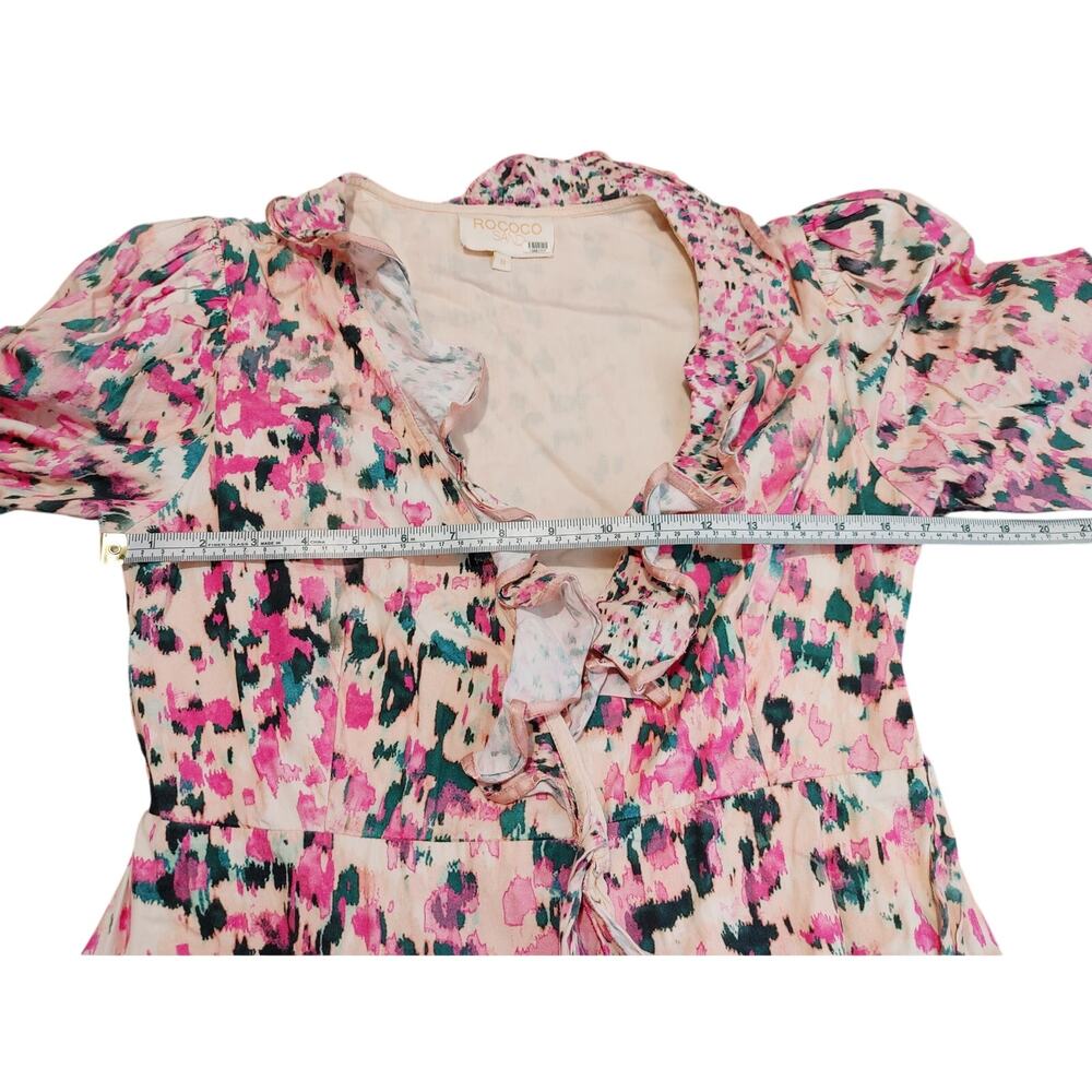 Rococo Sand Mimi Wrap Dress Long Sleeve V Neck Ruffled Pink Watercolor Medium - Picture 12 of 14